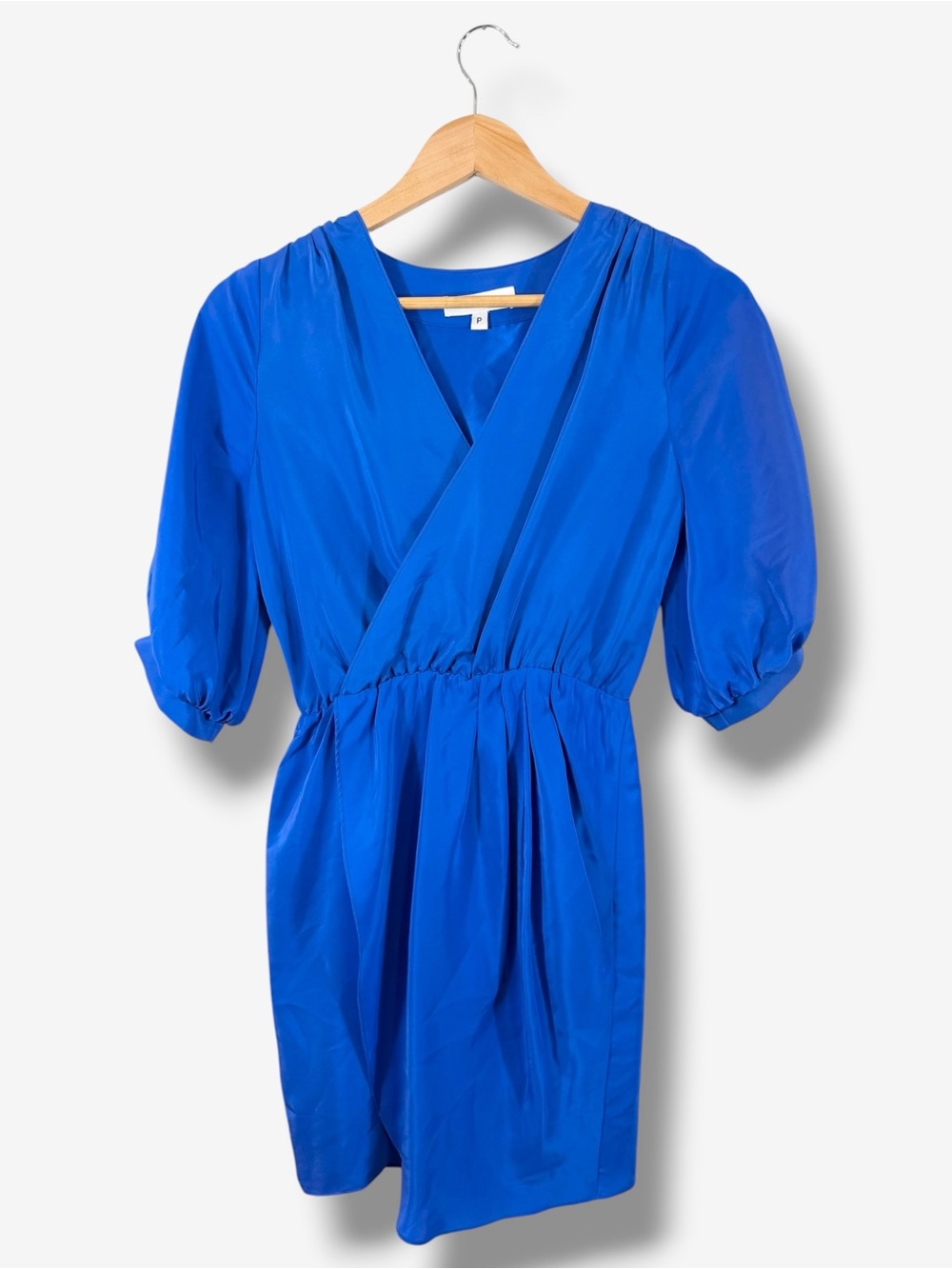 Amanda Uprichard Royal Blue Silk Faux Wrap Dress Size P (XS) Short Sleeve Office